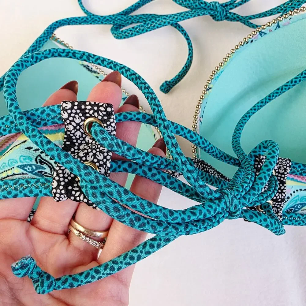 Shade & Shore Padded Bikini Top 34B Teal Paisley Tassel Underwire Boho Swim